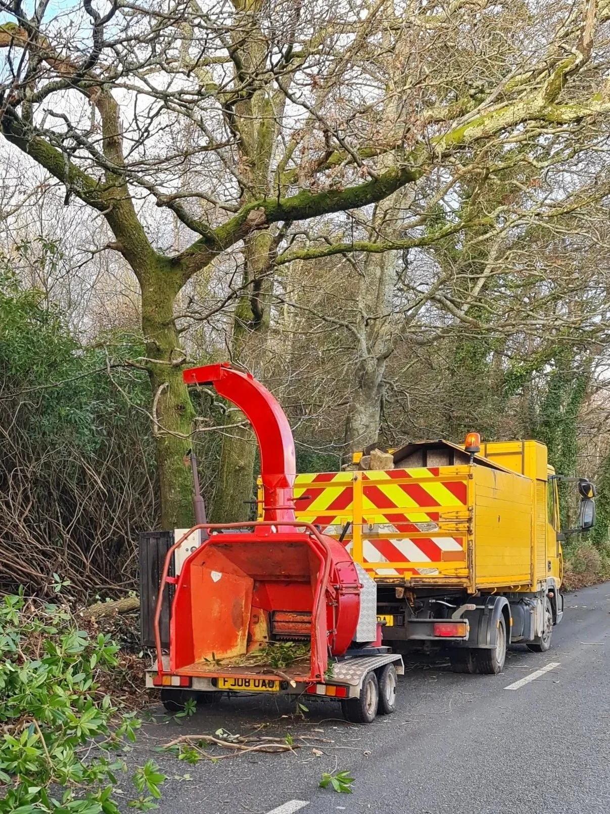 Farmi wood chipper processing branches and timber from professional tree surgery operations.