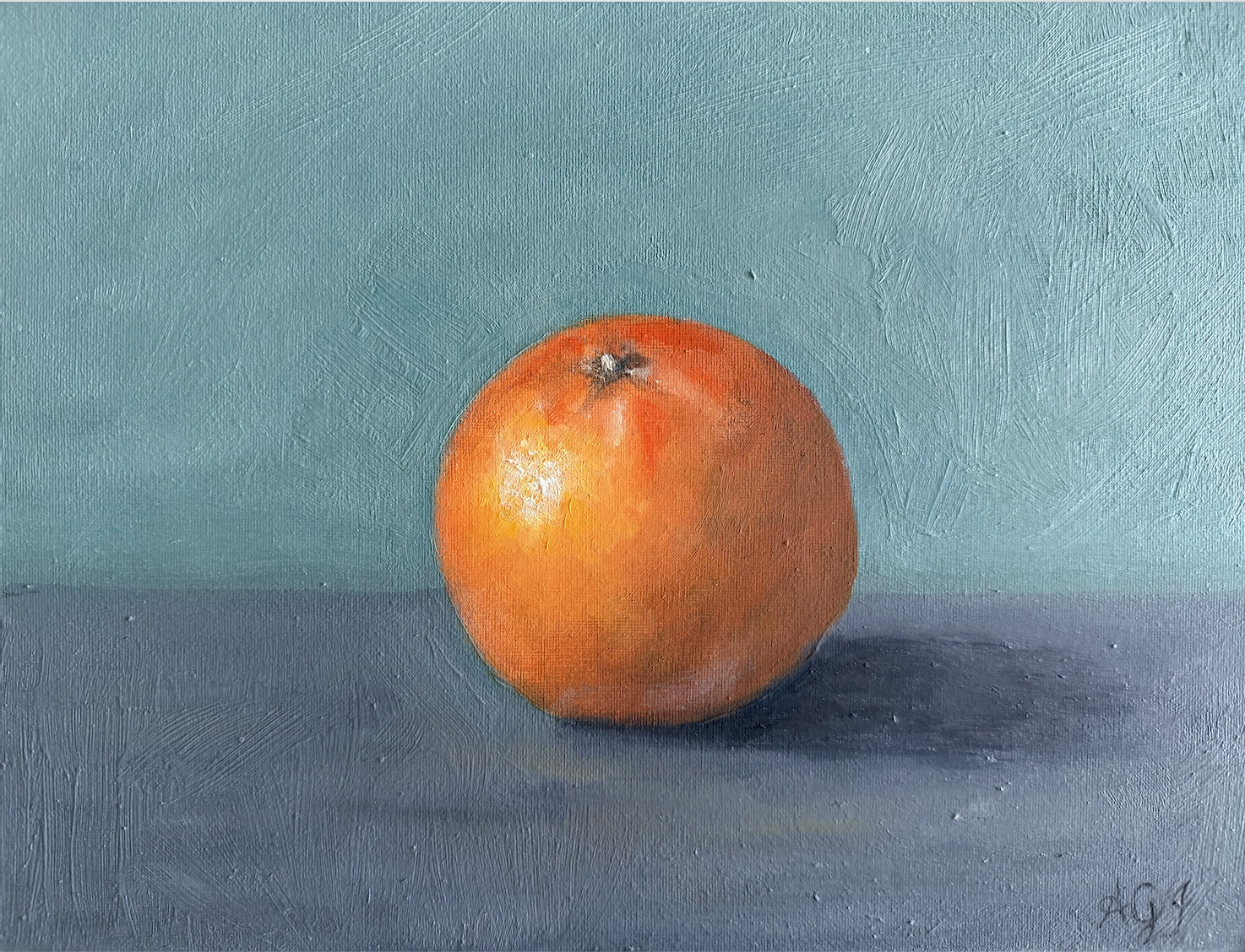 A painting of an orange fruit on a textured surface with a teal background