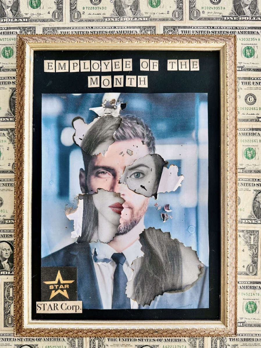 Framed photo of a man in a suit and tie, with torn paper revealing a woman's face, labeled as Employee of the Month, against a background of dollar bills.