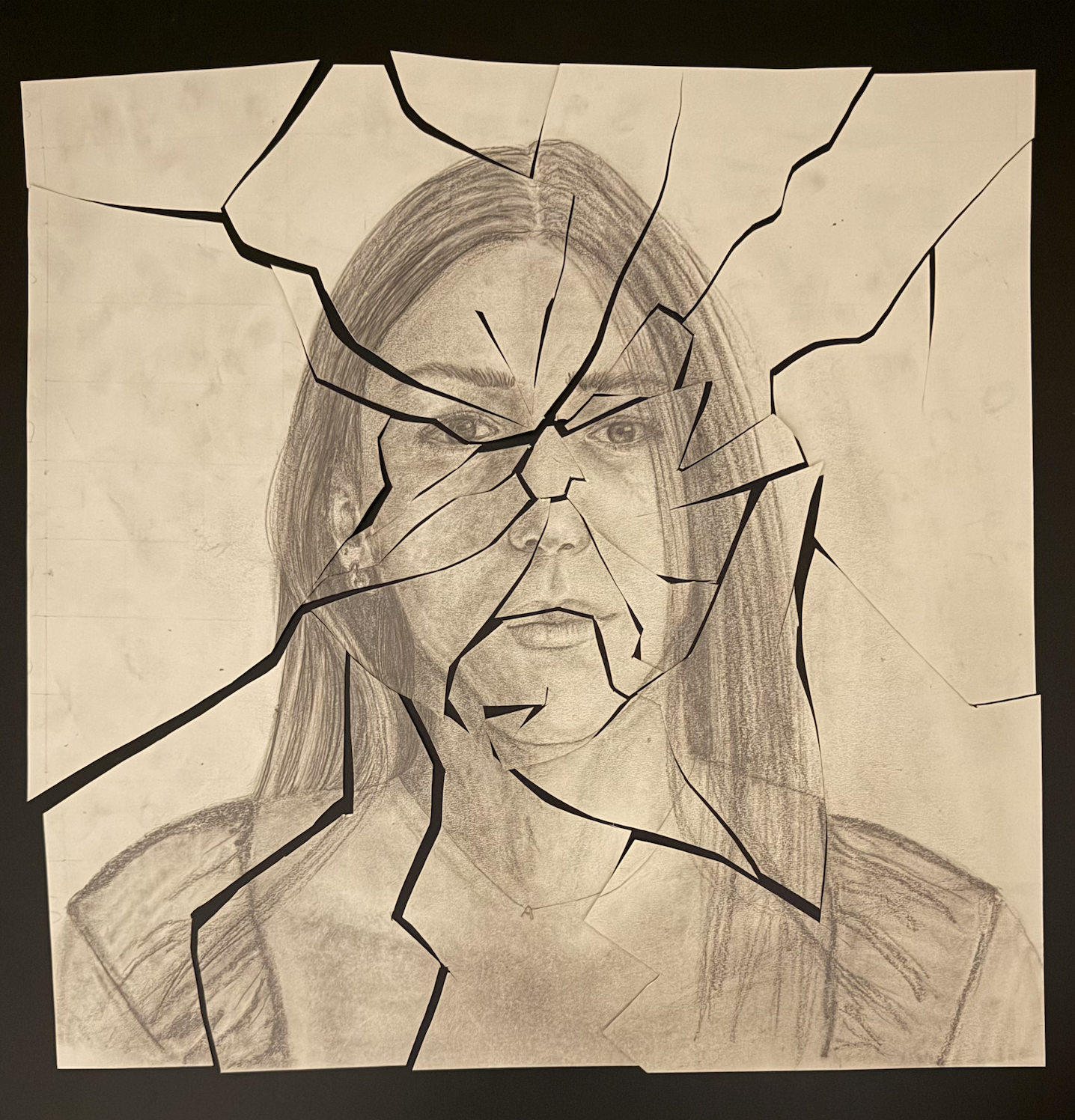 A pencil sketch of a woman with long hair wearing a top, appearing behind a broken glass pattern with black outlines.