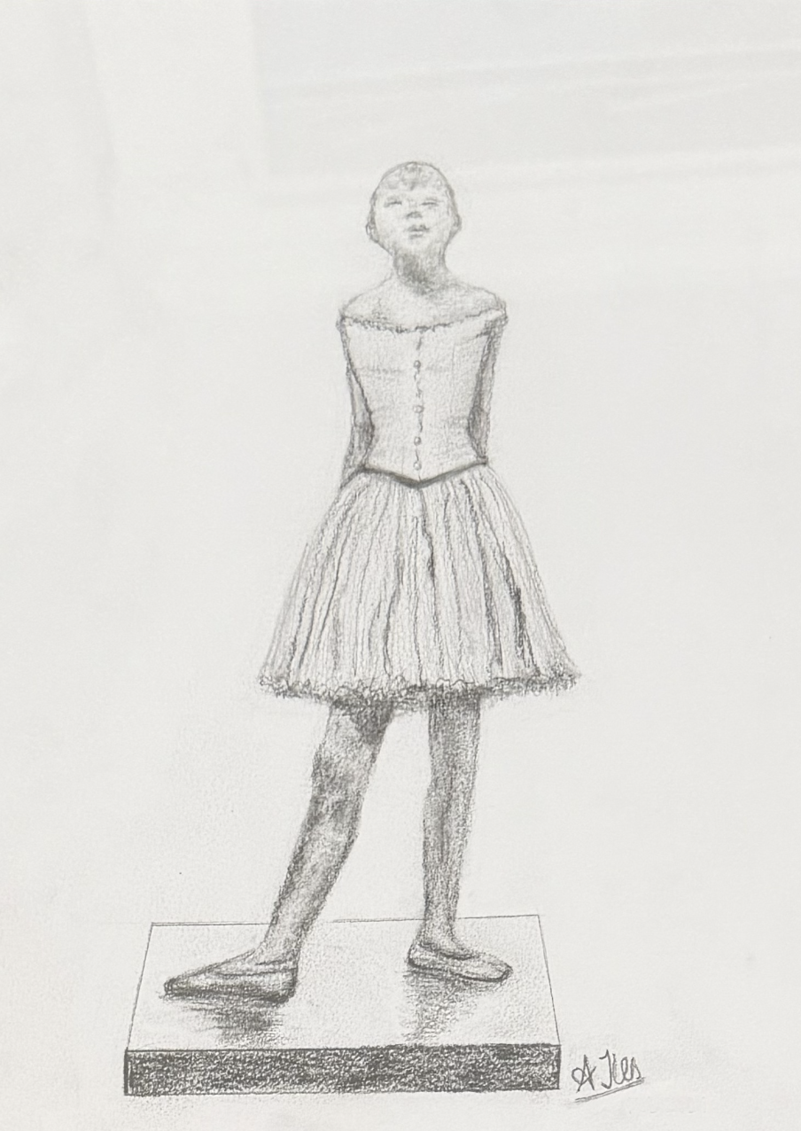 Pencil sketch of a young girl with a short hairstyle wearing an off-shoulder top and a knee-length pleated skirt, standing on a rectangular base.