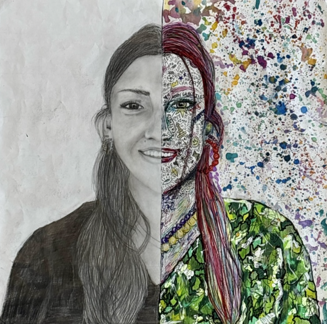 Half-pencil sketch and half-colored illustration of a woman with long hair, smiling, with a college shirt and colorful abstract background.