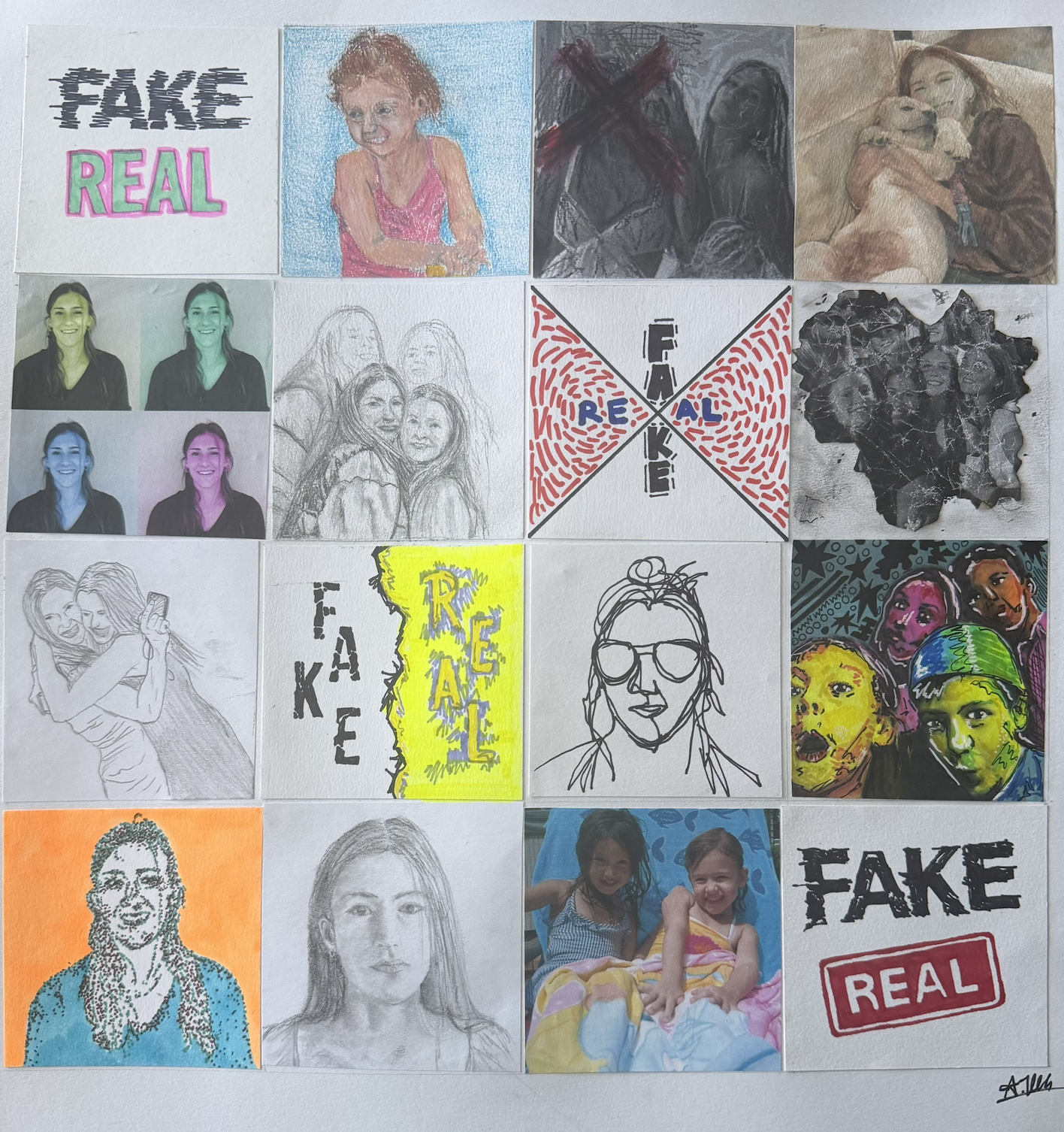 A collage of various artwork images including photos, drawings, and text-based art, with themes related to authenticity and illusions.