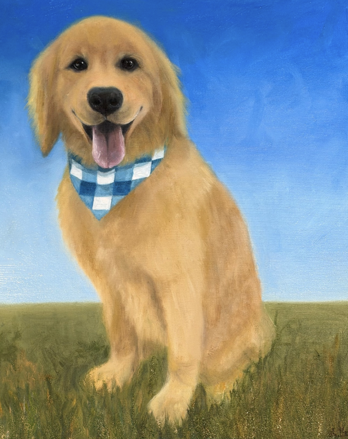 Painting of a happy golden retriever puppy with a blue and white checkered bandana, sitting on grass against a blue sky background.