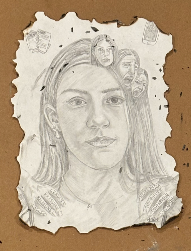 A detailed pencil sketch of a young woman with long hair, surrounded by smaller faces showing emotions such as sadness and distress. The sketch appears on torn paper with some words and symbols, possibly representing mental health or emotional struggles.