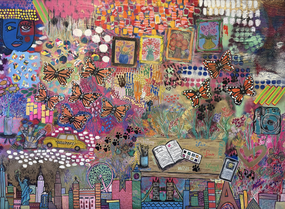 A vibrant collage featuring abstract art, butterflies, flowers, a yellow taxi, city skyline, and various artistic elements like paintings, a camera, and a notebook with words such as 'live', 'love', 'dream', and 'wish' written around it.
