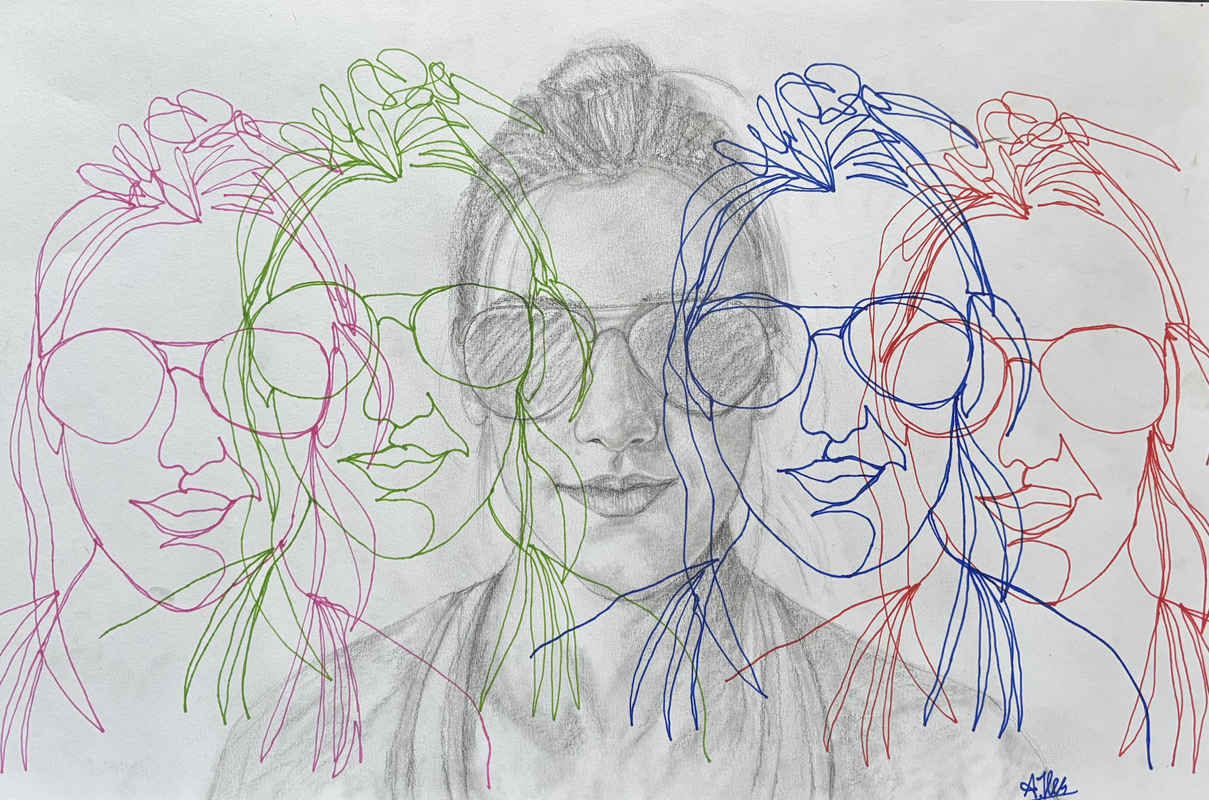 A pencil sketch of a woman with her hair tied up, wearing round sunglasses, overlaid with colorful line drawings of women's faces in pink, green, blue, and red on a white background.
