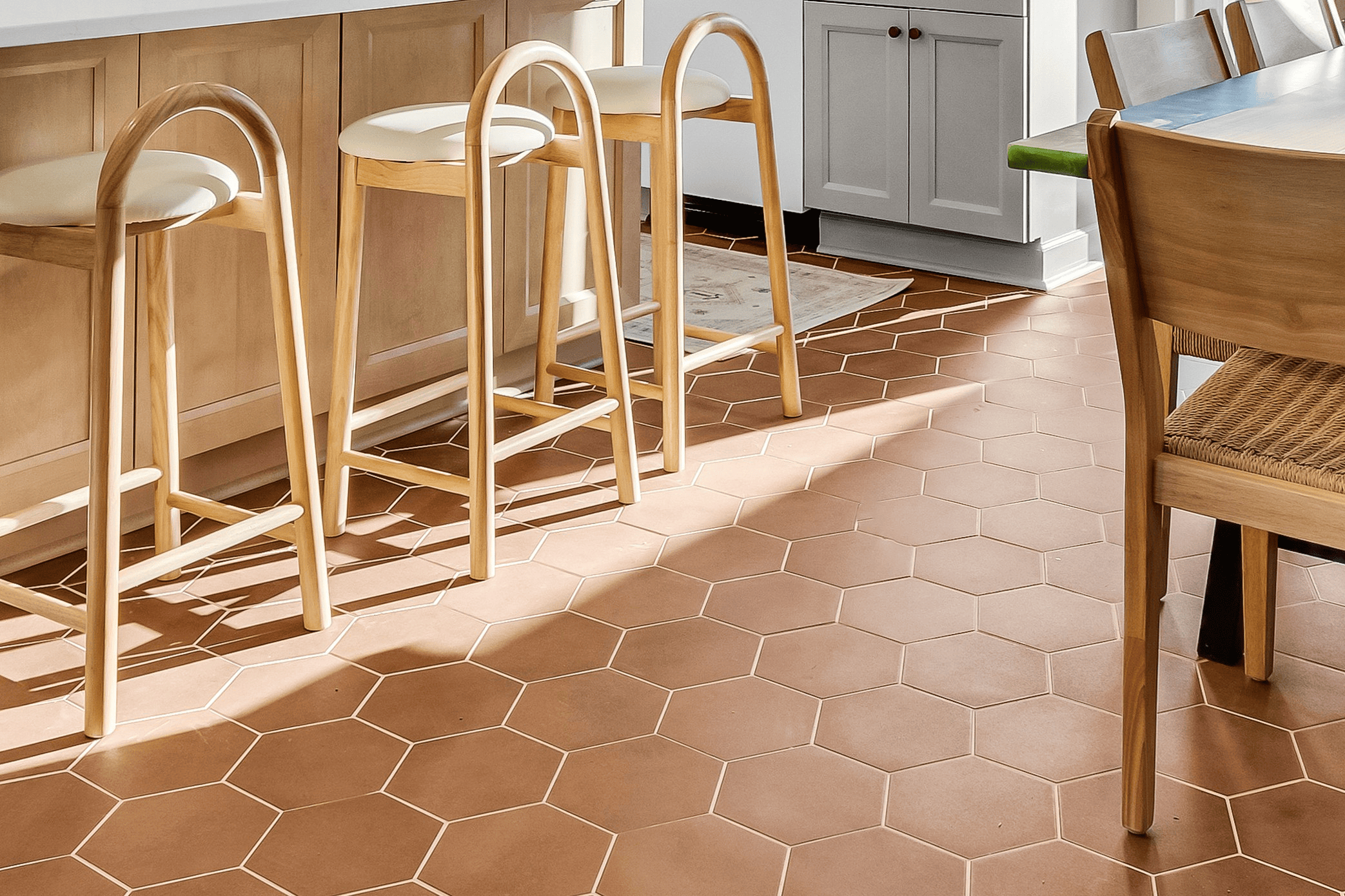 light brown hexagon shaped tile flooring
