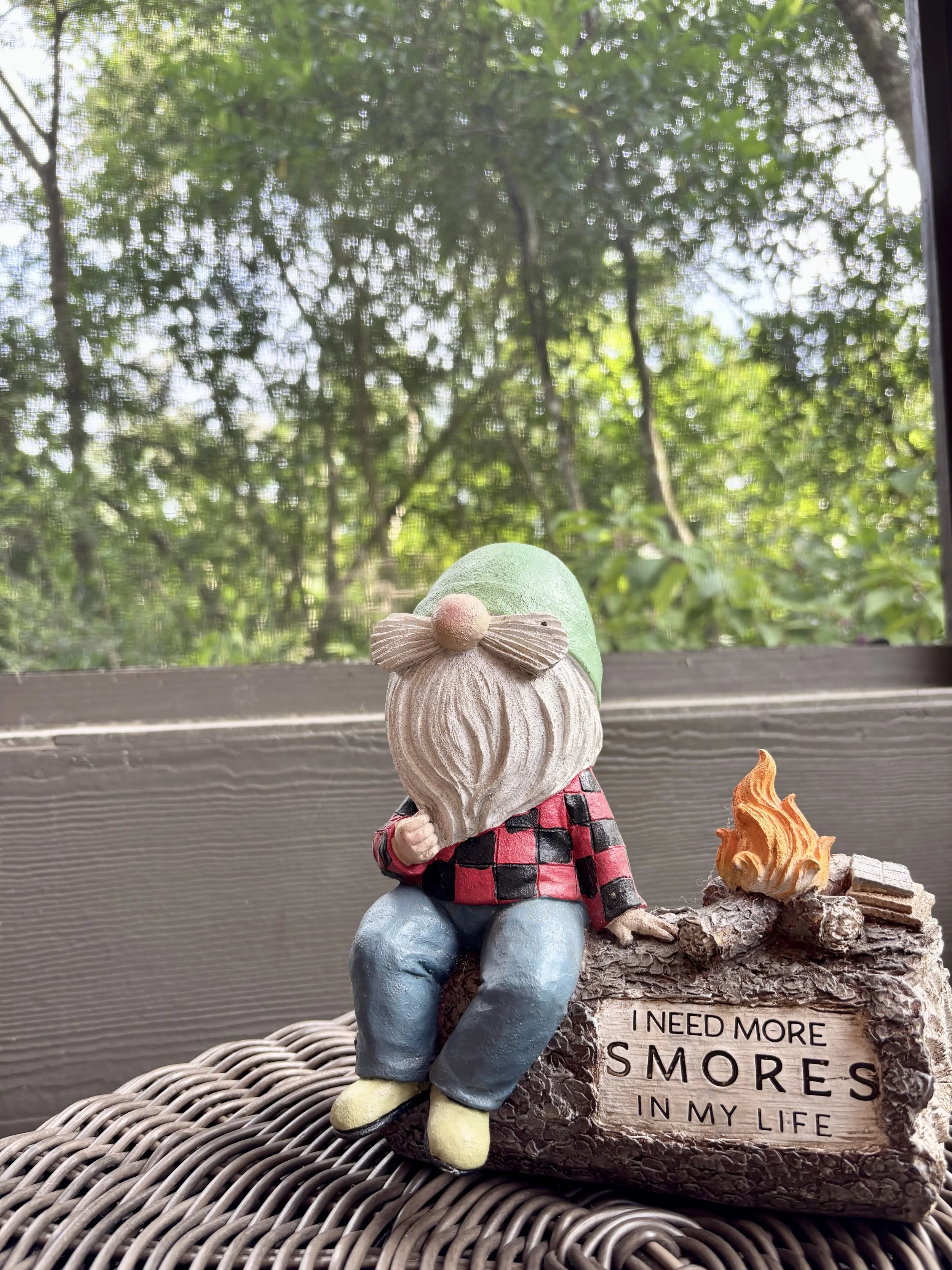 A garden gnome with a beard and green hat sitting on a log with a sign that says "I need more smores in my life," and a small fire on the log, set outside with trees in the background.