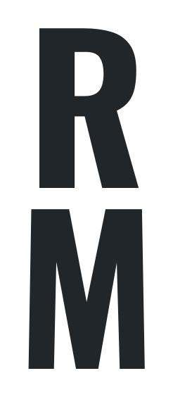 Large vertical black letters R and M on a transparent background