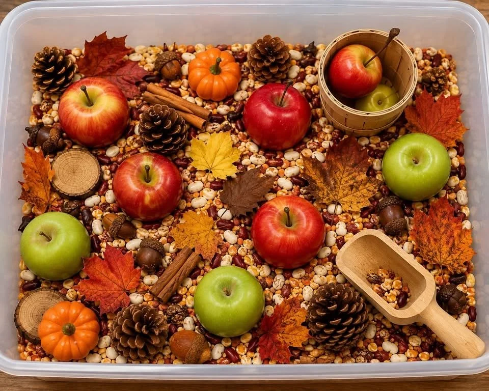 Autumn-themed decoration with apples, pinecones, small pumpkins, colorful leaves, cinnamon sticks, and acorns in a clear plastic container.