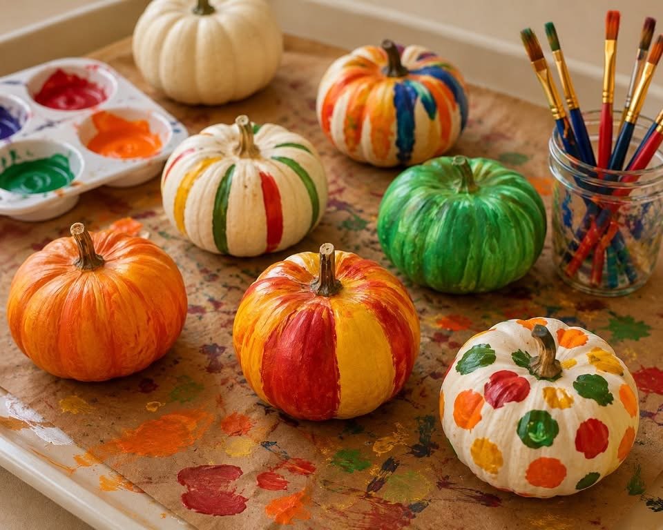 Small white pumpkins decorated with colorful paint in orange, green, red, and blue, placed on a painting-covered surface. Painting supplies, including a palette with red, orange, green, and purple paints and paintbrushes in a jar, are visible.