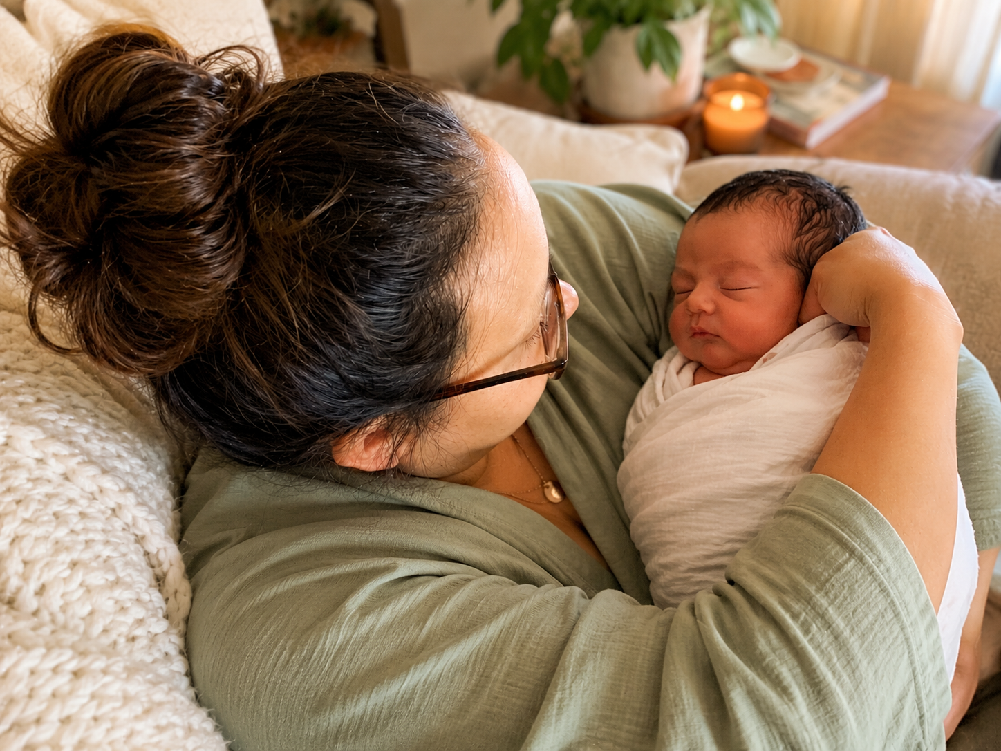 A woman with glasses and a bun hairstyle holding a newborn baby wrapped in a white blanket, while lying on a beige couch in a cozy living room.