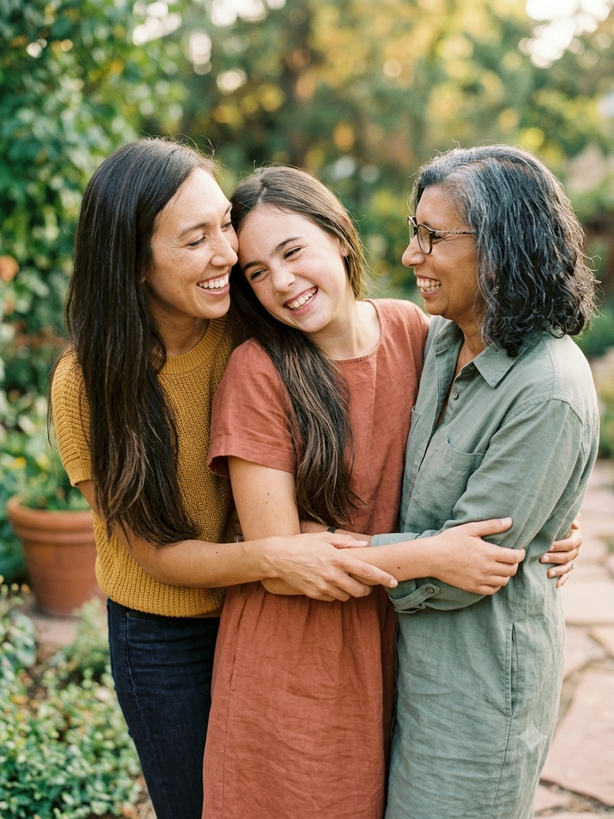 Three women of different ages and ethnicities hugging and laughing outdoors in a garden.