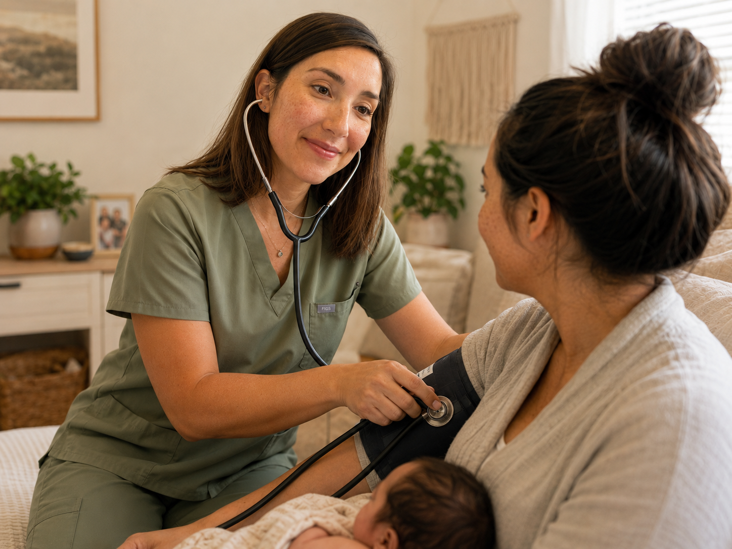 Nurse using a stethoscope to check a woman’s blood pressure while holding her arm in a home setting