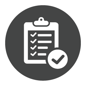 Icon of a clipboard with checkmarks and a large checkmark in a circle.
