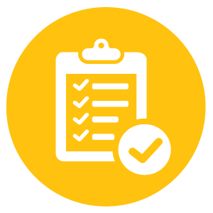 Icon of a clipboard with checkmarks and a checkmark in a circle, on a yellow background.