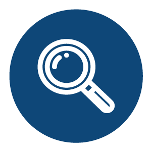Magnifying glass icon on a dark blue circular background.