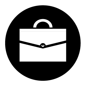 Icon of a white briefcase on a black background.
