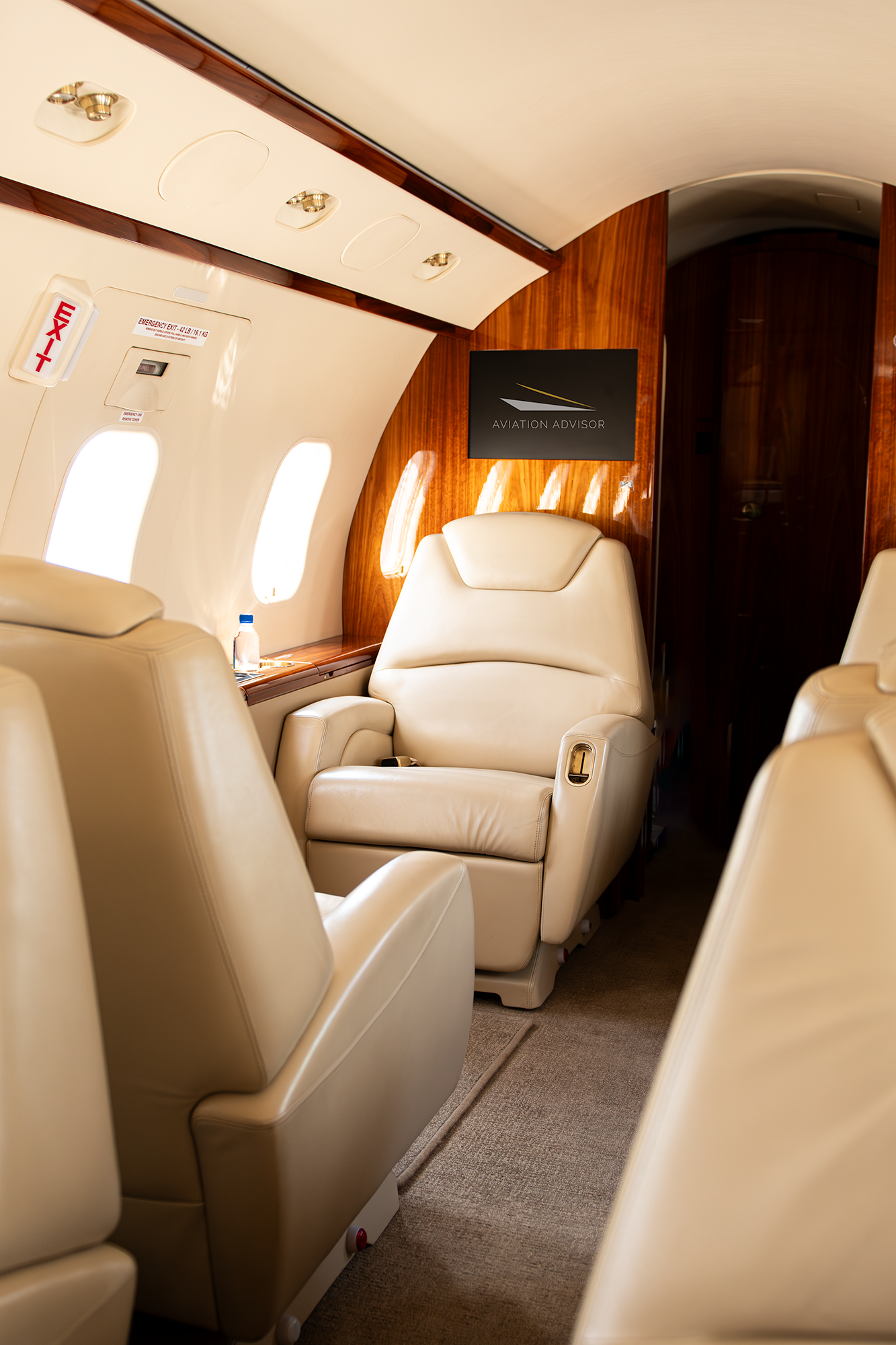 Interior of an airplane cabin with beige leather seats, a wooden accent wall with a television screen displaying 'Aviation Advisor', and the airplane window.