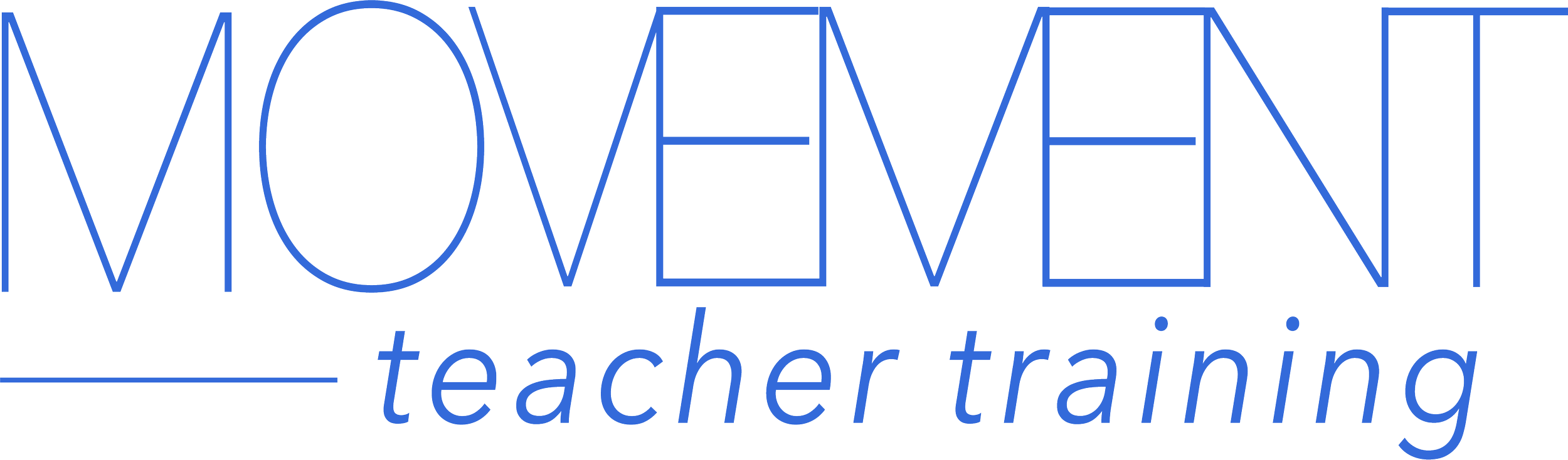 Movement teacher training logo in blue with stylized letters and a horizontal line.