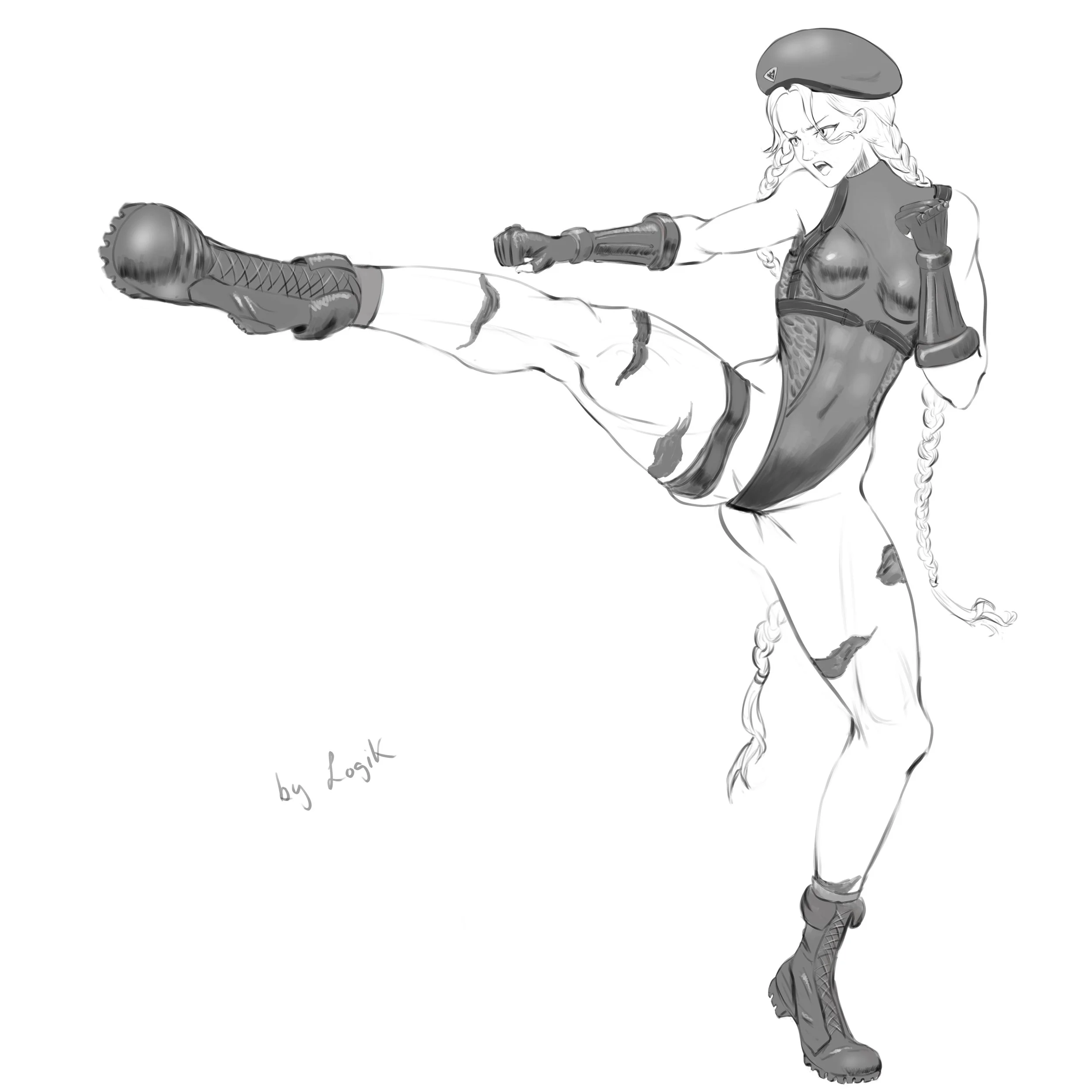 Black and white sketch of a girl, Cammy from Street Fighters, in a combat stance, wearing a beret, gloves, a sleeveless top, shorts, and combat boots, with a confident, aggressive expression.