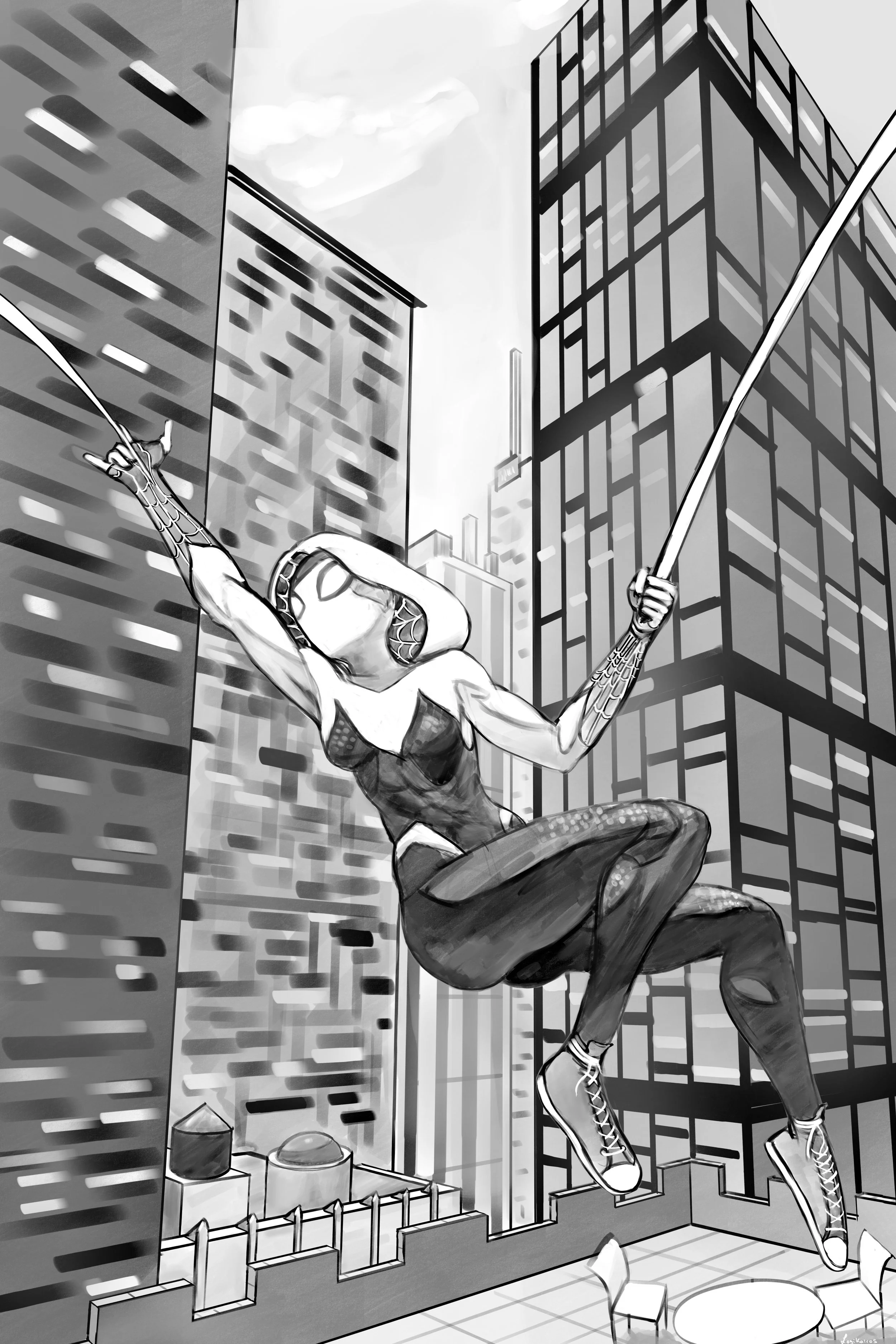 A superhero spider-Gwen swinging between tall modern buildings in a city, overlooking a rooftop with small structures and a fence. It is Gwen Stacy