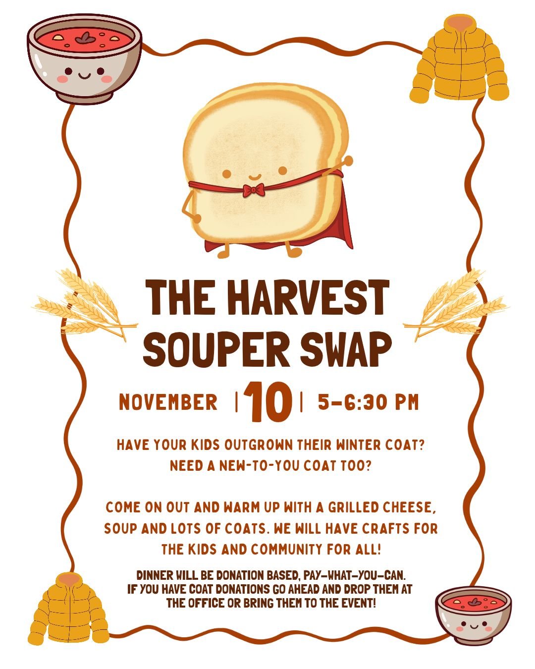 Come to Evergreen for a night of soup, grilled cheese, and community... leave with a New-To-You winter coat. 

Over the next few weeks, we will be collecting winter coats. If you have one that your family has outgrown please bring it to the Evergreen