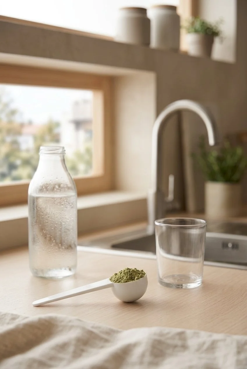 Botella de agua, cuchara con OMA y vaso de vidrio
