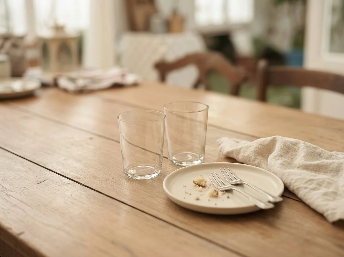 Mesa de comedor de madera con dos vasos de agua, un plato vacío con migas y un tenedor, y una servilleta de lino, después del desayuno