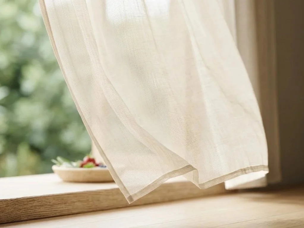 Cortina blanca de lino moviéndose con la brisa frente a una ventana abierta, con un pequeño plato de frutas en el alféizar