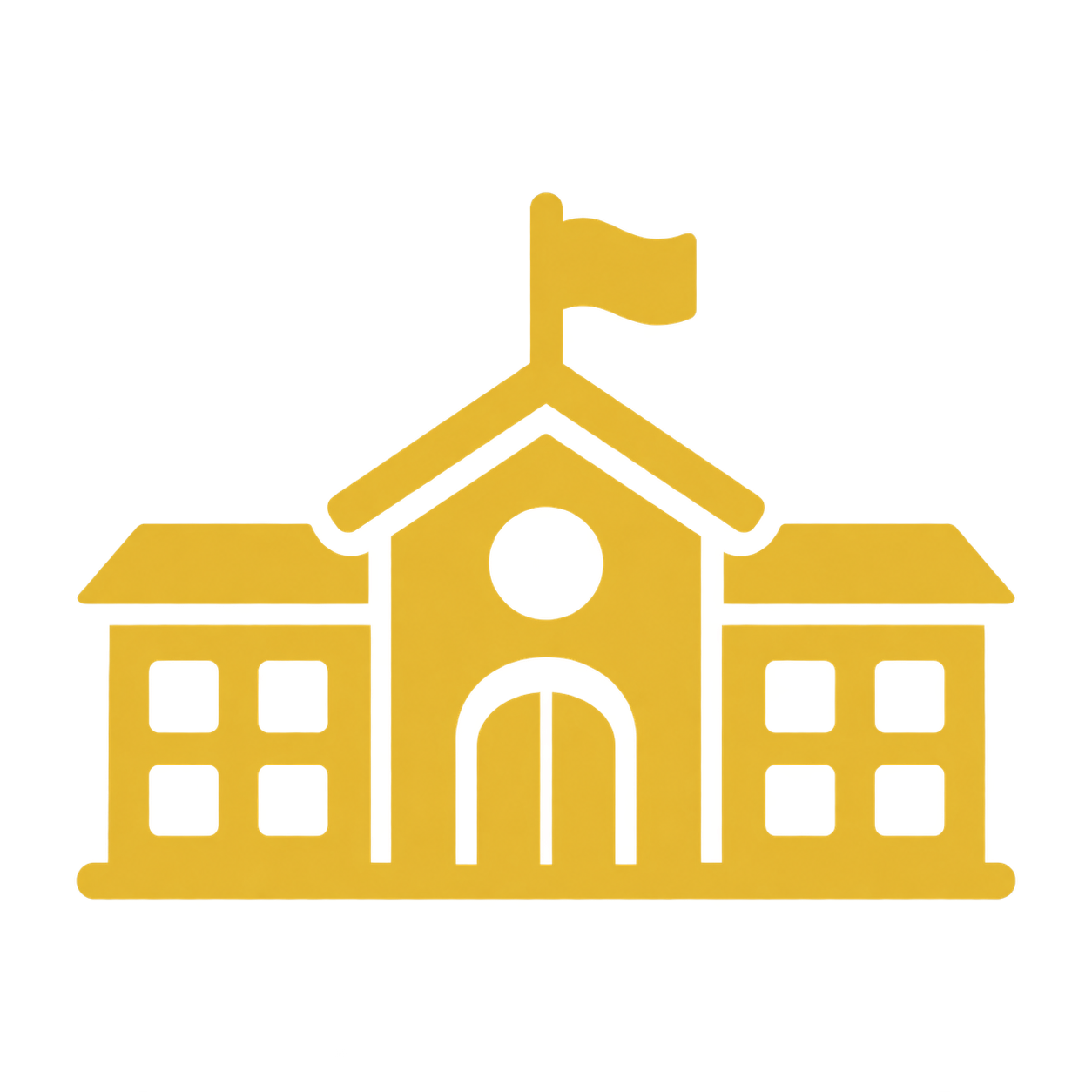 A gold-colored ornament in the shape of a school building with a flag on top.