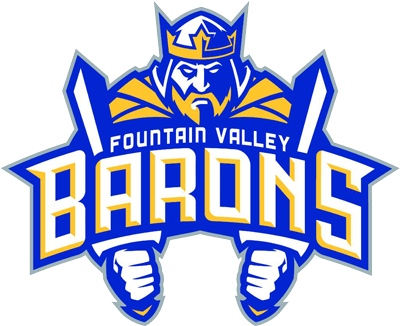 Fountain Valley Barons sports team logo featuring a bearded knight with a crown and armor, holding a sword in each hand, with the team name in bold letters.