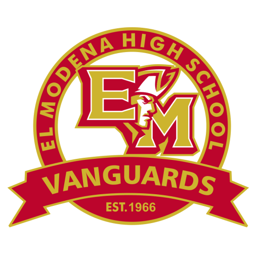 El Modena High School Vanguard logo with a red and gold color scheme featuring a stylized profile of a Native American chief inside the school initials 'EM' and a banner with the text 'Vanguard' and 'Est. 1966'.