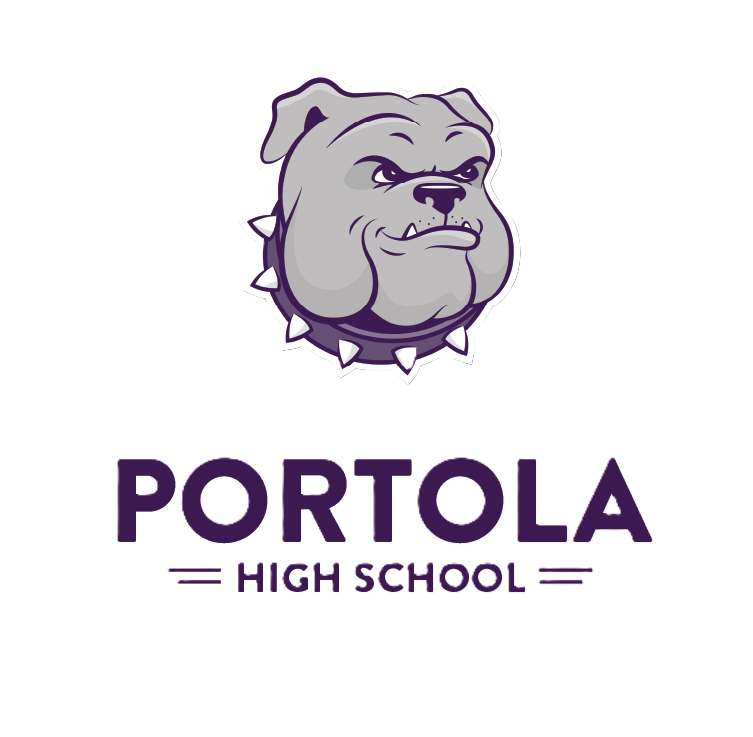 Logo of Portola High School featuring a purple bulldog with a spiked collar and the school's name below.