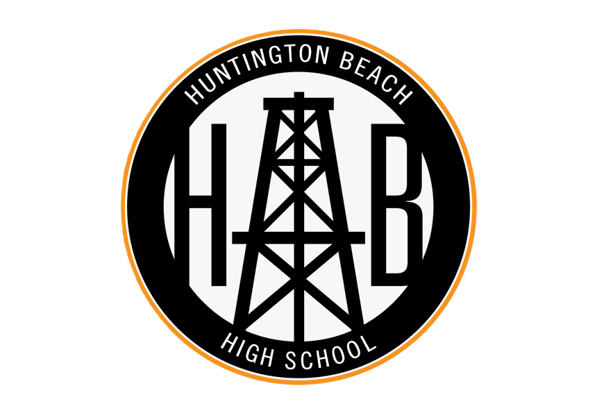 Logo of Huntington Beach High School featuring a black and white oil drilling rig with school name and location encircling it.