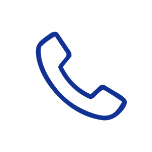Icon of a telephone handset in blue and white on a black background.