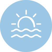 Sunset over water with a blue circular background and white line art