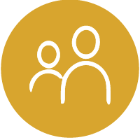 Icon of two white human figures on a gold circular background, representing people or a group.