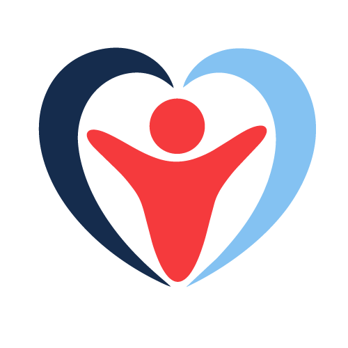 A logo with a red abstract human figure inside a heart shape formed by dark blue and light blue curved lines.