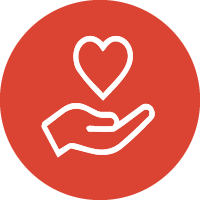 Hand holding a heart with a heart outline above it on a red circular background