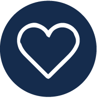A white heart outline on a dark blue circular background.
