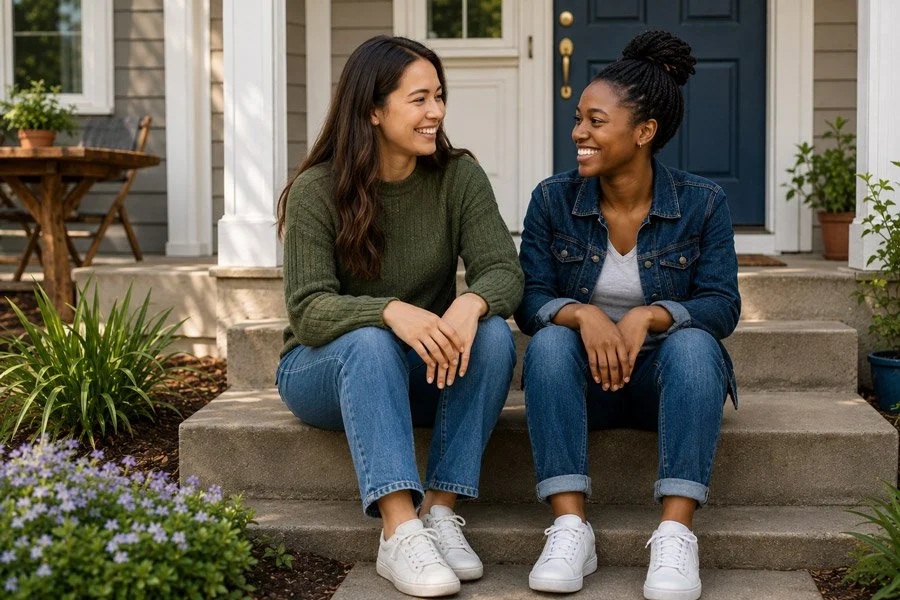 Two women smiling and talking while sitting on front steps of a house, surrounded by potted plants and flowers.