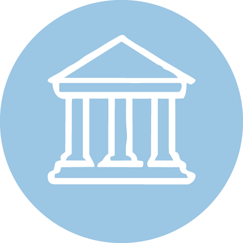 Icon of a government or courthouse building with columns inside a blue circle.