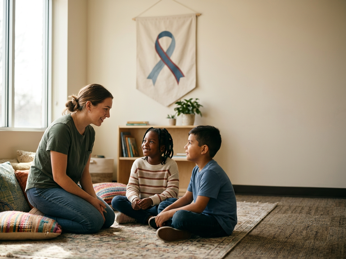 A woman sitting on a colorful rug in a room with two children, all smiling and engaging in conversation. There is a window on the left, a bookshelf behind them, and a wall hanging with a ribbon symbol in the background.