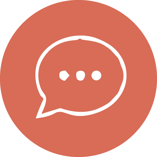 Speech bubble icon with three dots inside, on a red circular background.