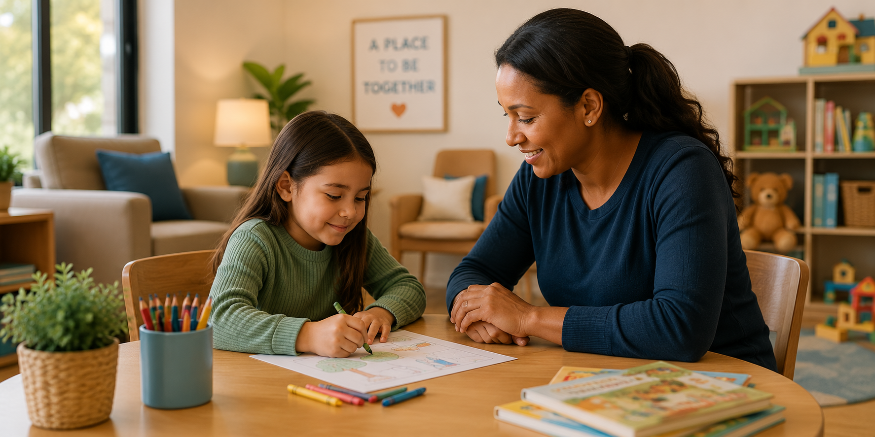 A young girl and a woman are sitting at a wooden table, drawing and coloring together in a cozy, well-lit room with a bookshelf and toys in the background.