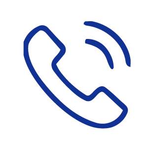 Blue outline of a telephone receiver with sound waves.