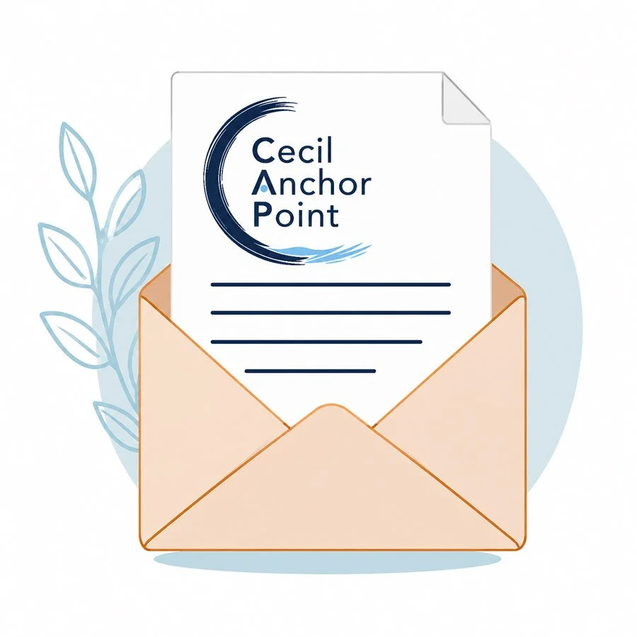 An envelope with a letter inside that reads 'Cecil Anchor Point' and has some lines of text. There are leaves in the background.