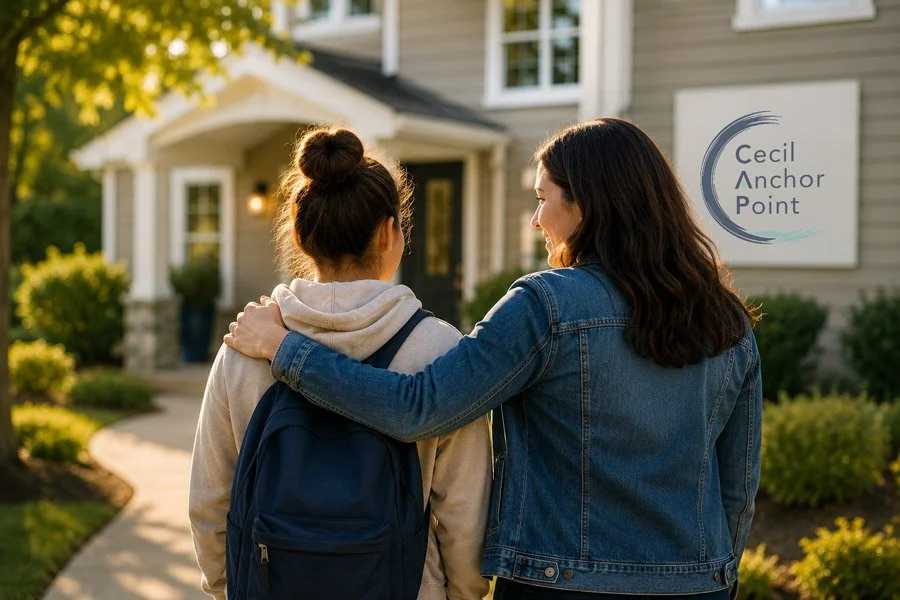 Two women walking together outside a house with a sign that reads "Cecil Anchor Point." One woman has a backpack and the other has her arm around her shoulder in a friendly gesture.
